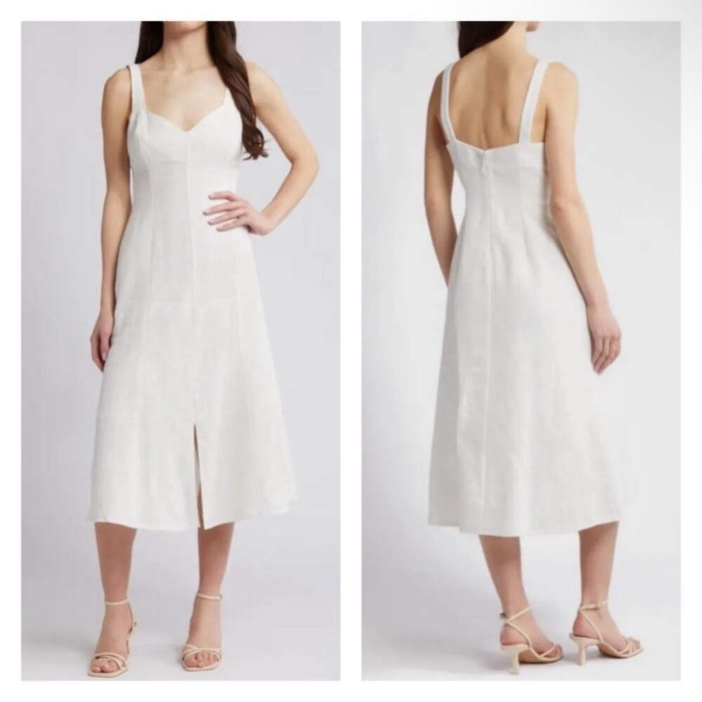 DU PARADIS Linen Dress Womens Medium White Fit Flare Sleeveless Midi Party Beach